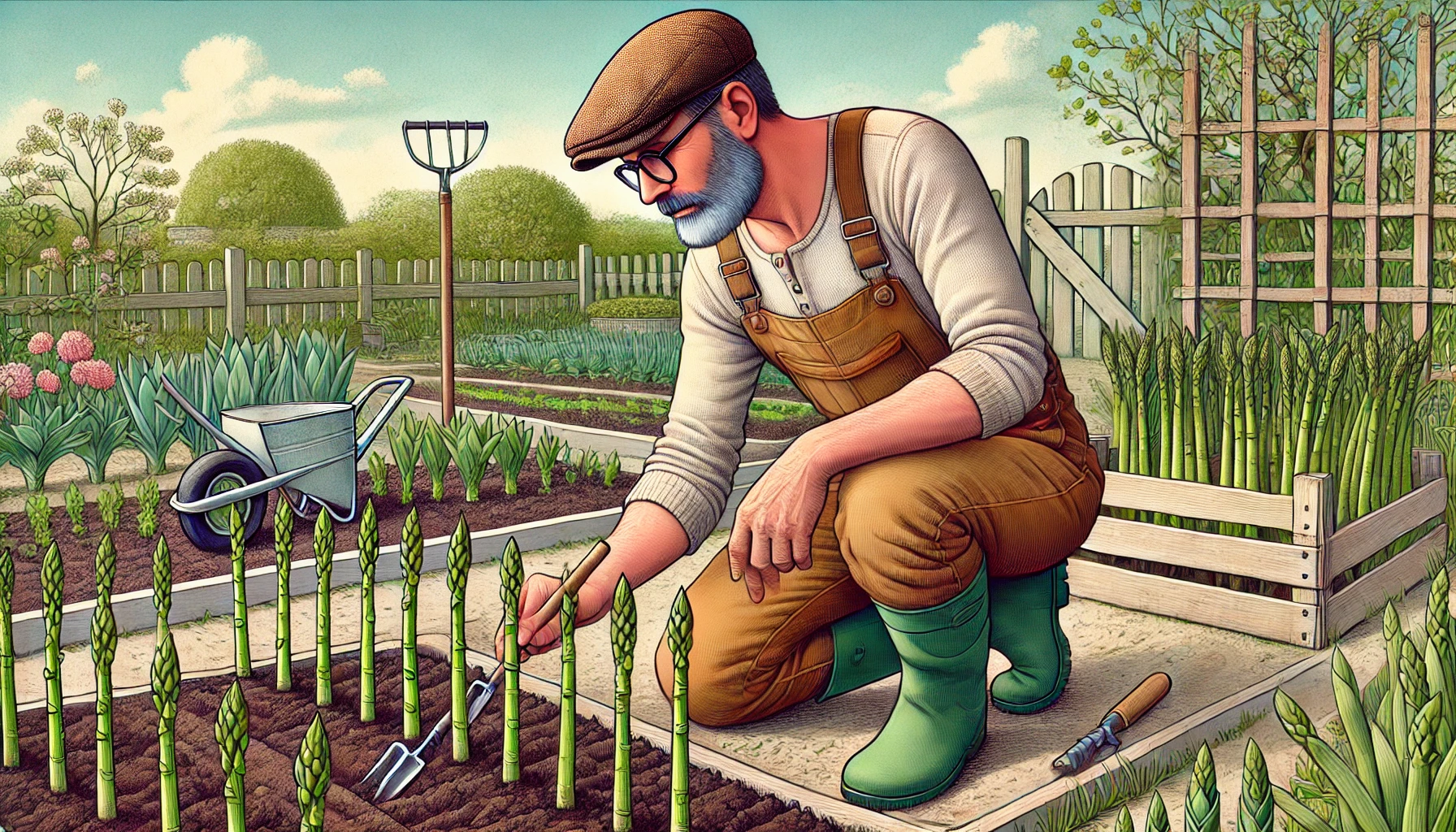 DALL·E 2024 12 23 18.53.47 A detailed and vibrant illustration of a 63 year old gardener with a grey beard and glasses wearing light brown dungarees and a flat cap planting a