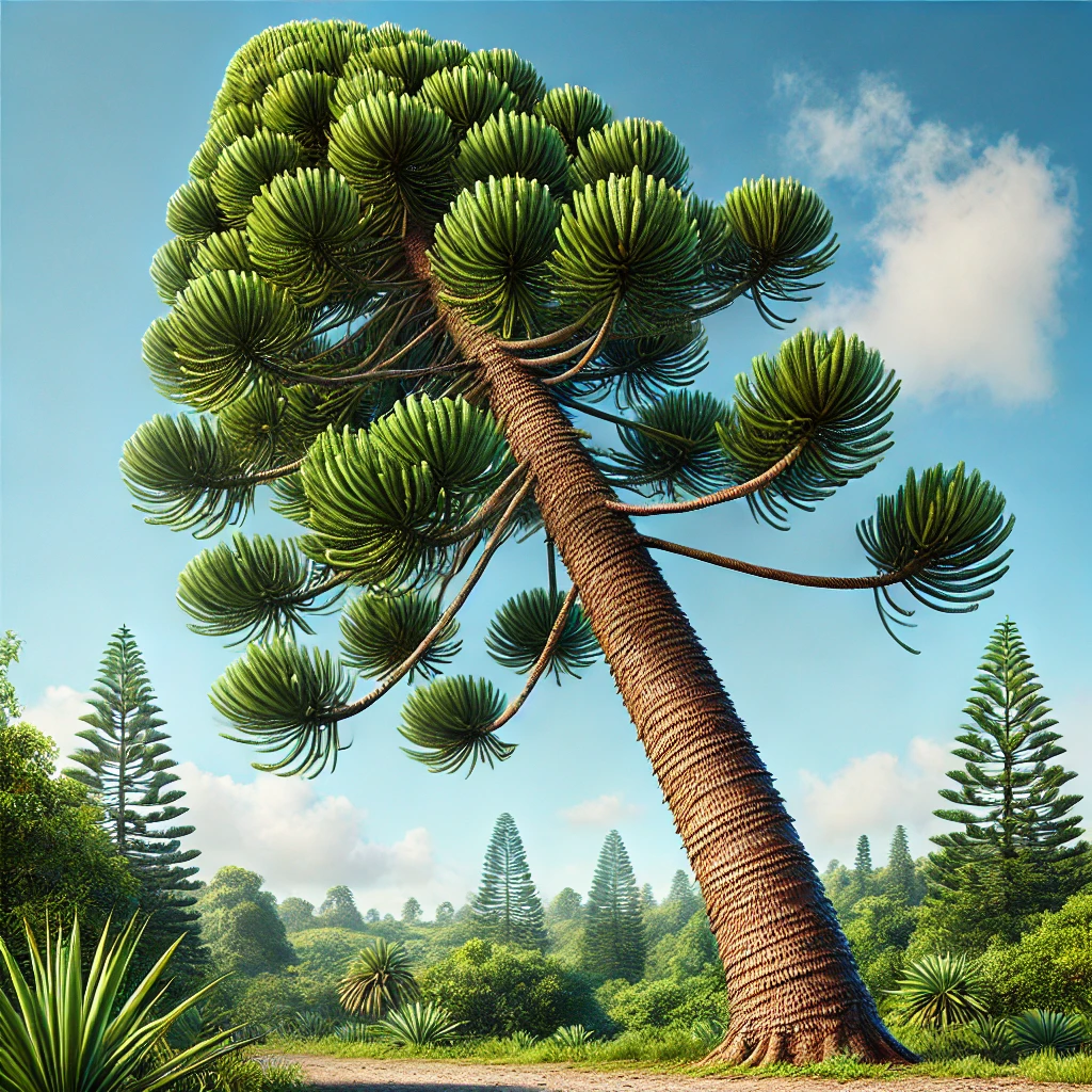Cook’s Pine: Nature’s Leaning Marvel 1 DALL·E 2024 12 29 18.27.59 A realistic and detailed illustration of a Cooks pine Araucaria columnaris leaning noticeably towards the equator with its slender columnar trunk