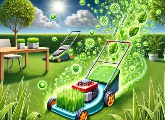 DALL·E 2025 01 07 07.47.54 A detailed and vibrant illustration showing a freshly mowed lawn with green grass blades releasing chemical signals represented as small glowing gree