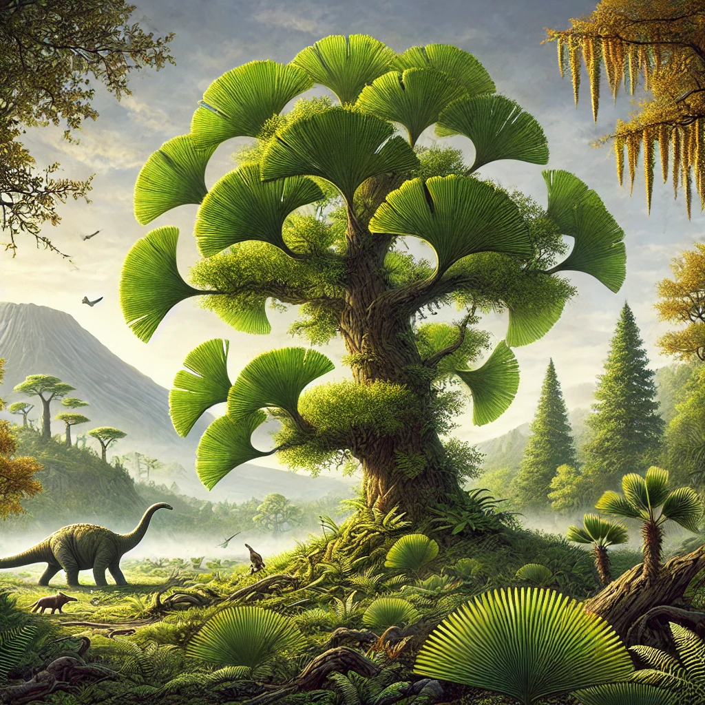 DALL·E 2025 01 08 21.09.16 A detailed illustration of a prehistoric Ginkgo biloba tree in its ancient habitat during the Mesozoic era. The tree is surrounded by a lush primordi