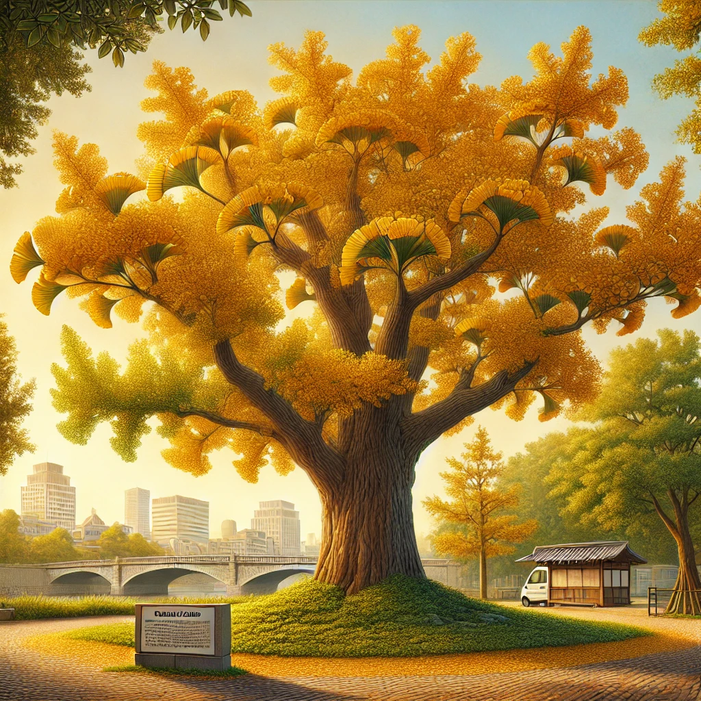 DALL·E 2025 01 08 21.09.20 A detailed illustration of a Ginkgo biloba tree in an urban park setting. The tree is large with distinctive fan shaped leaves in vibrant golden yell