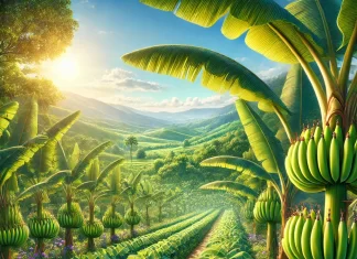 DALL·E 2025 01 15 20.54.50 A picturesque view of a banana farm in a tropical setting. Rows of banana plants with tall green pseudostems and large vibrant leaves stretch into th