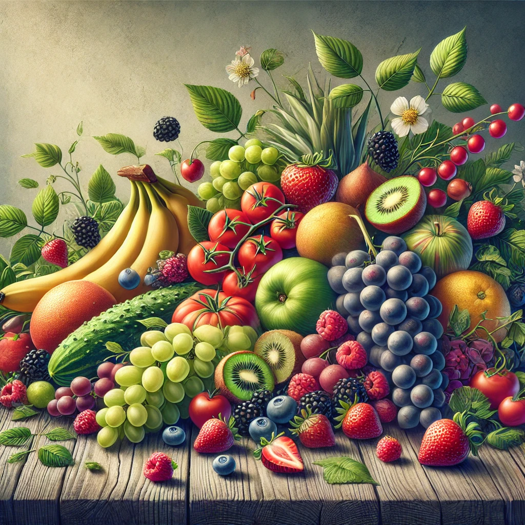 Fruit or Berry, Do you Know The Difference? 1 DALL·E 2025 01 17 08.37.52 A colorful and detailed illustration of a variety of fruits and berries arranged artistically on a rustic wooden table. The scene includes true botani