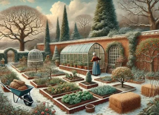 DALL·E 2025 01 19 08.06.53 An idyllic winter garden scene inspired by traditional estate gardens featuring brick fruit walls with bare espaliered fruit trees protected by stra