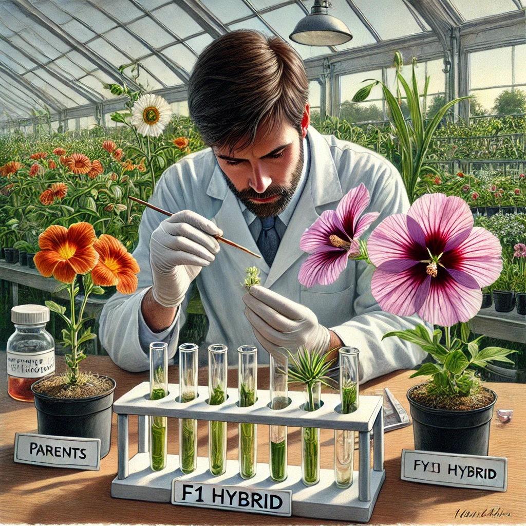 Understanding DALL·E 2025 01 29 20.21.49 A detailed illustration of a botanist carefully making an F1 hybrid. The botanist wearing a lab coat and gloves is seen using a fine brush to transf