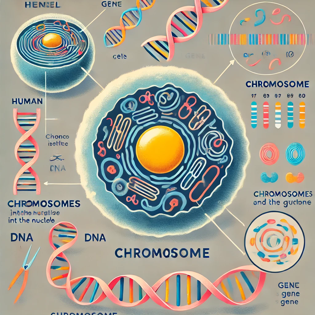 DALL·E 2025 01 31 07.33.48 A simplified scientific illustration explaining the relationship between genes chromosomes and the genome. The image shows a human cell with a label