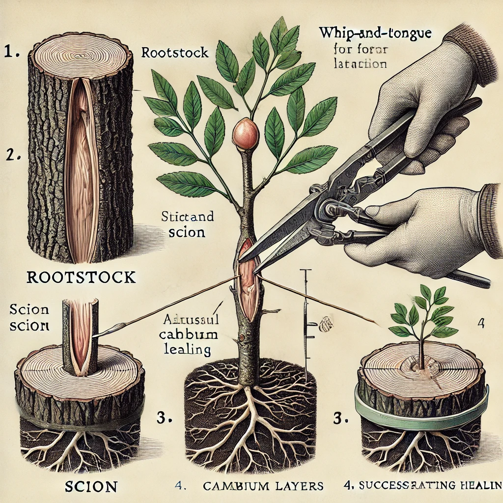 DALL·E 2025 02 11 17.13.29 A detailed botanical illustration showing the process of whip and tongue grafting. The image should depict 1. A rootstock and a scion both with mat