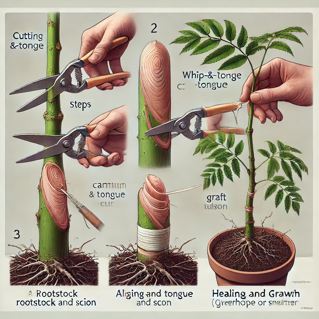 DALL·E 2025 02 11 17.13.34 A step by step botanical illustration showing the process of whip and tongue grafting. The image should be divided into four clear steps 1. Cuttin