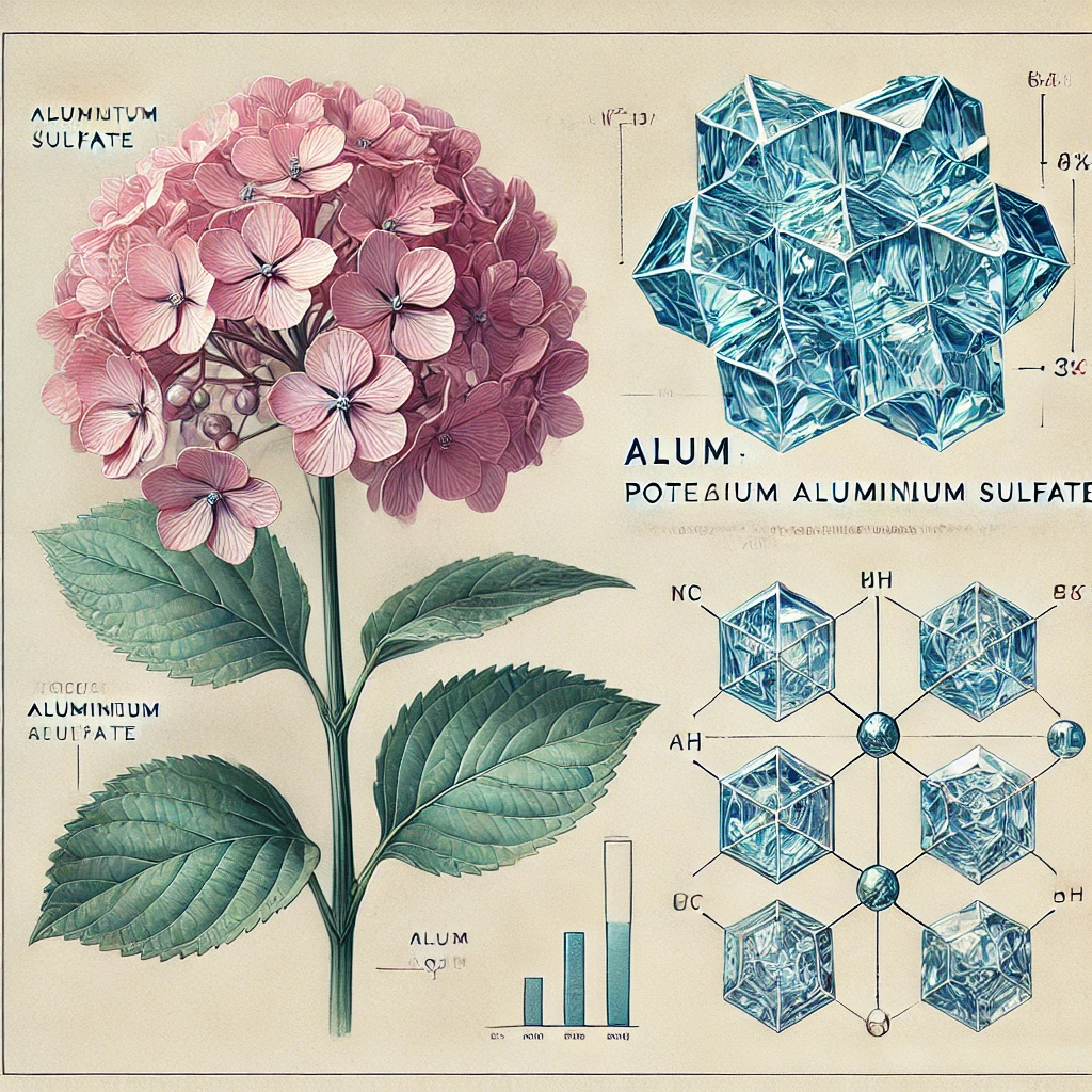 Alum 1 DALL·E 2025 02 15 08.43.42 A scientific botanical illustration of alum Potassium Aluminium Sulfate. The image features a detailed crystalline structure of alum with translucen