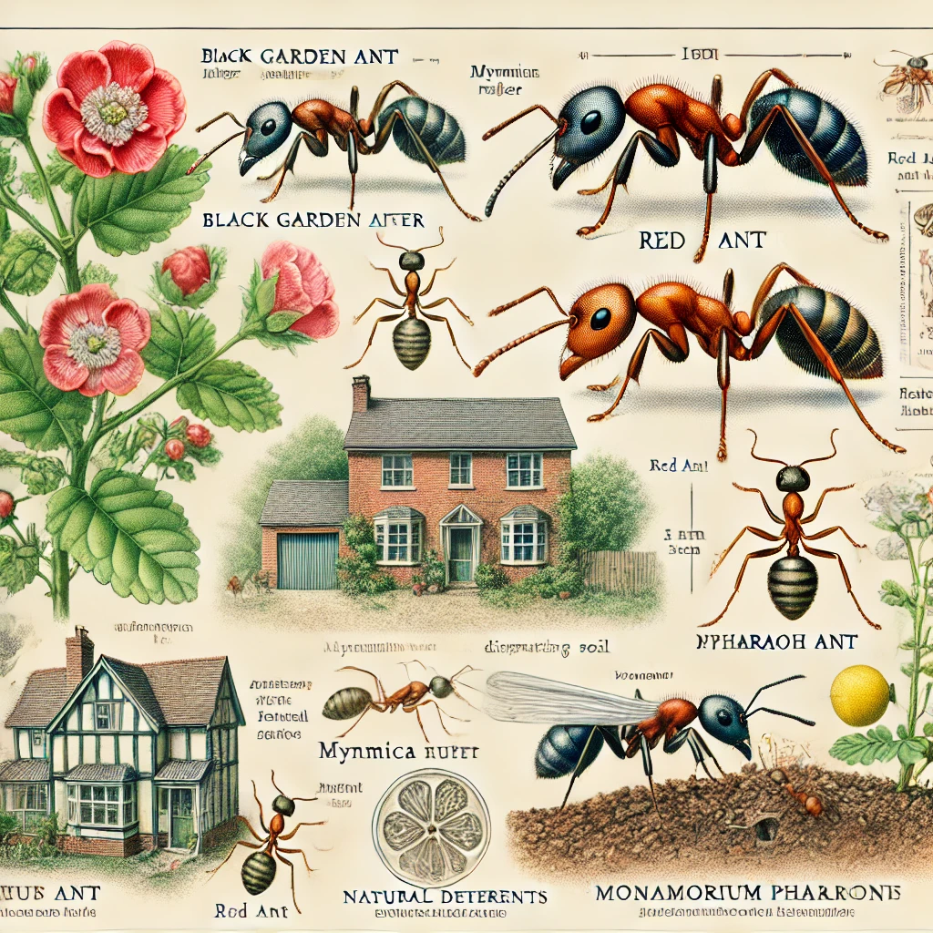 DALL·E 2025 02 23 11.36.26 A detailed botanical and entomological illustration of common UK ant species and their impact on plants and homes. The image features labeled drawings